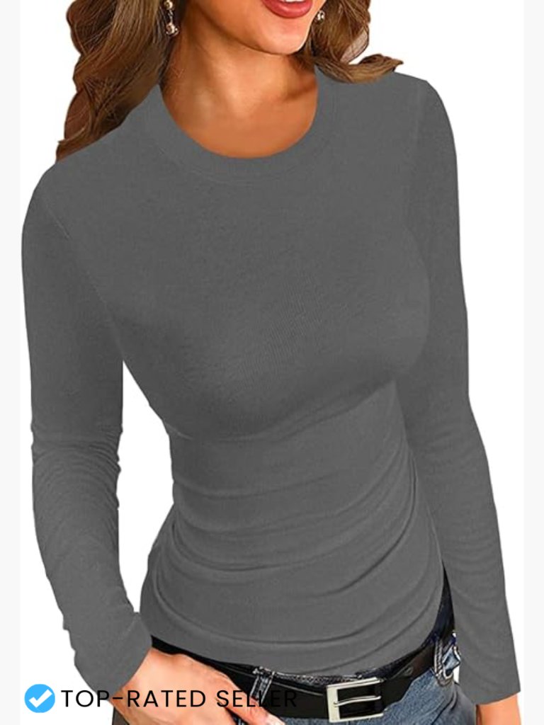 Ribbed Long Sleeve Crew Neck Slim Fit Stretchy Basic Tee